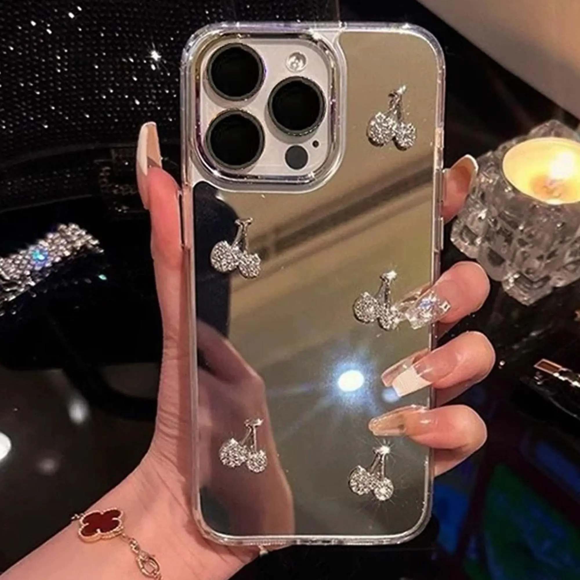 Rhinestone Decor Smartphone Protector, Fashion Mirror Cellphone Protective Case, Shockproof Phone Case, Anti-drop Phone Cover Compatible with iPhone 16 15 14 13 12 11 Pro Max, Smartphone Accessories