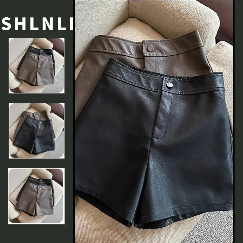 Women's Autumn and Winter American High Waisted PU Leather Shorts Retro Street Style Solid Color Versatile Leather Pants
