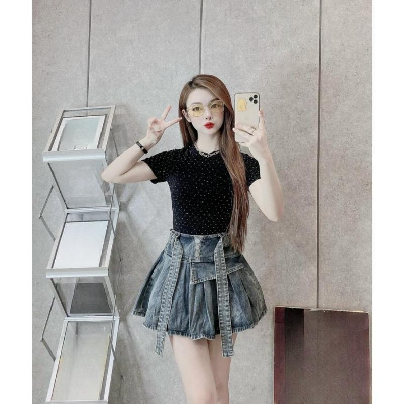 Chân váy jean xếp ly MELINA (tặng bản đai to) chân váy ngắn xoè xanh đen, đen ánh rêu, xám bạc size S M L 6485 0