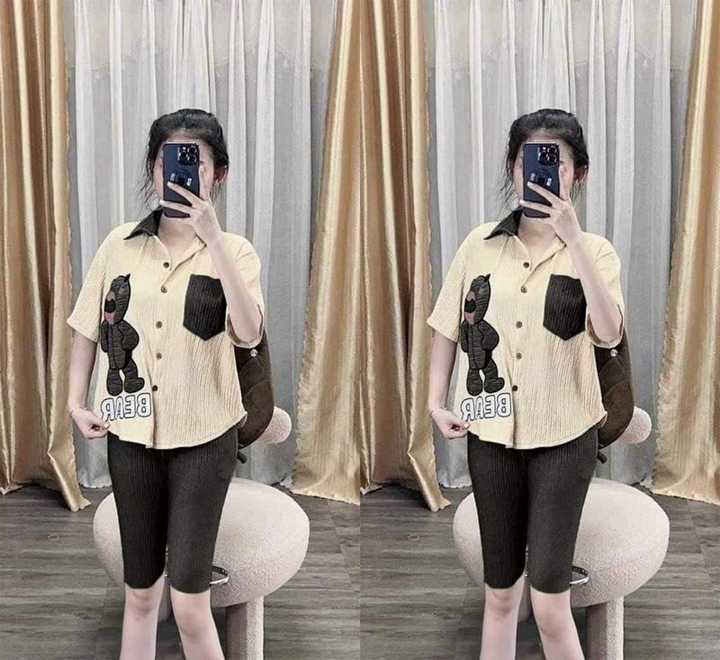 Product Introduction of sét đồ nữ quần  lửng ngan gói cỗ so Mi  viền xám in con gấu phối màu phom rộng vai shop Nhật 3