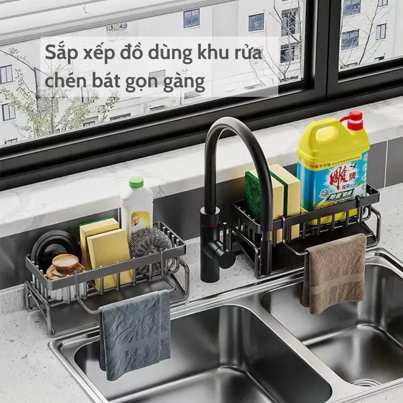 Giá để đồ rửa chén bát kèm thanh treo khăn chất liệu thép không gỉ có khay hứng nước Kitchen 3