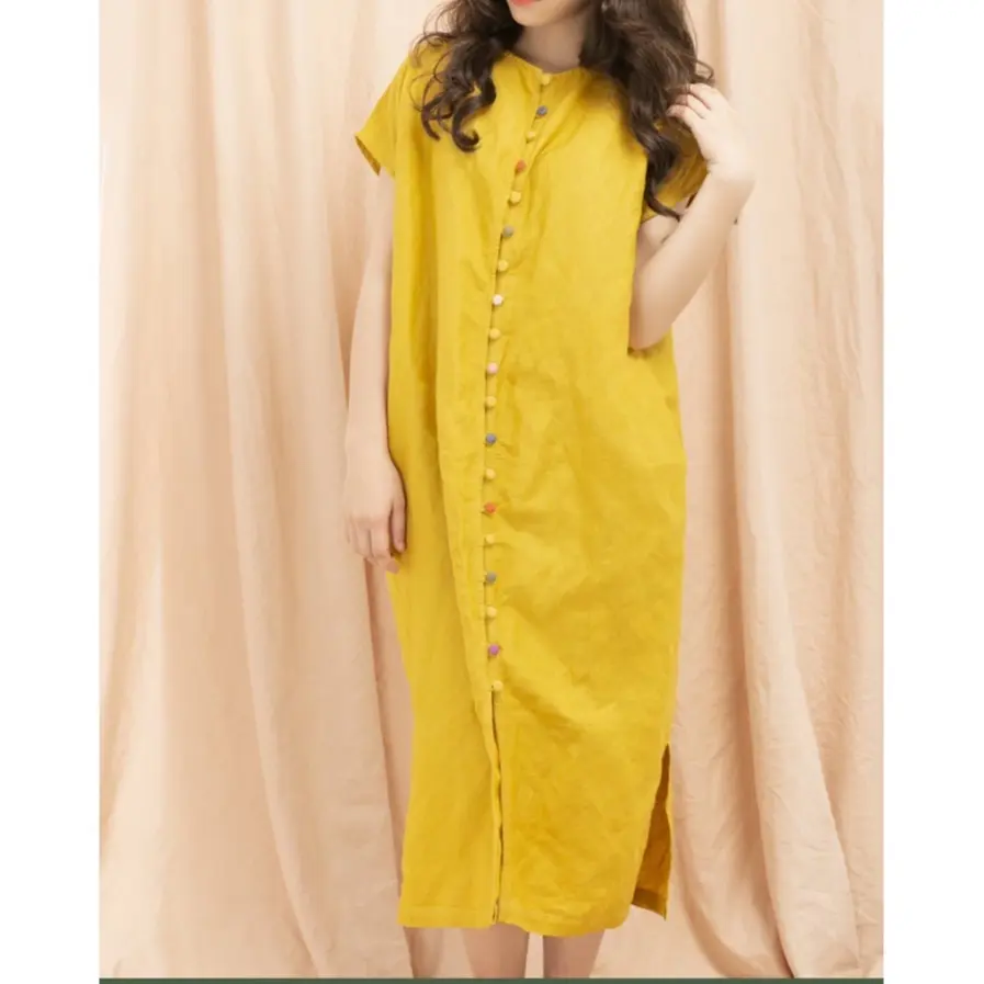 Đầm linen tay dơi khuy bọc đổi màu - Đầm 2 lớp - Nhận đặt theo yêu cầu - PT.Linen