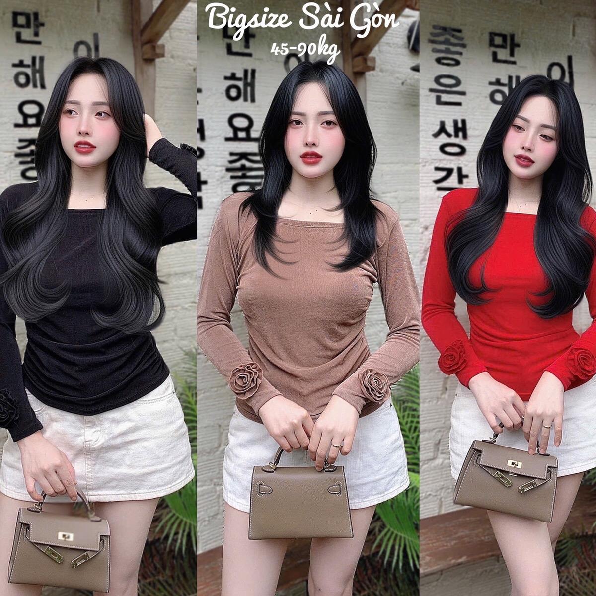 Áo Thun Nữ Tay Dài Cổ Vuông Vải Nhũ Hoa Cao Cấp 45- 90Kg Bigsize Dễ Thương Top Nữ Women - B.1450