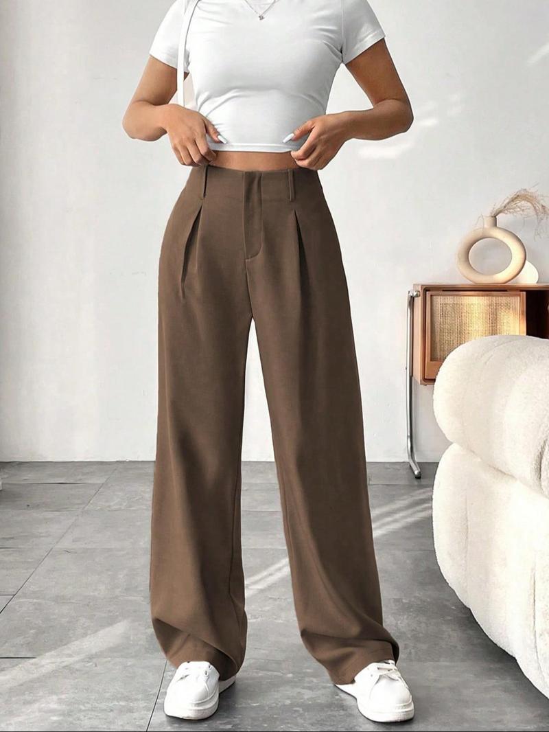 Product Introduction of Women's Solid Plicated Pocket Straight Leg Pants, Casual Comfy Trousers for Daily Wear, Ladies Bottoms for Fall & Winter 5