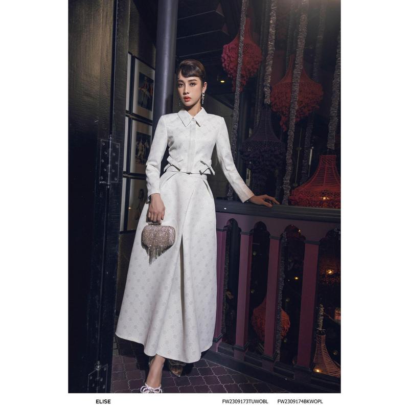 Chân váy gấm xanh logo KT ly súp thiết kế Elise mã sản phẩm FW2309174BKWOPL