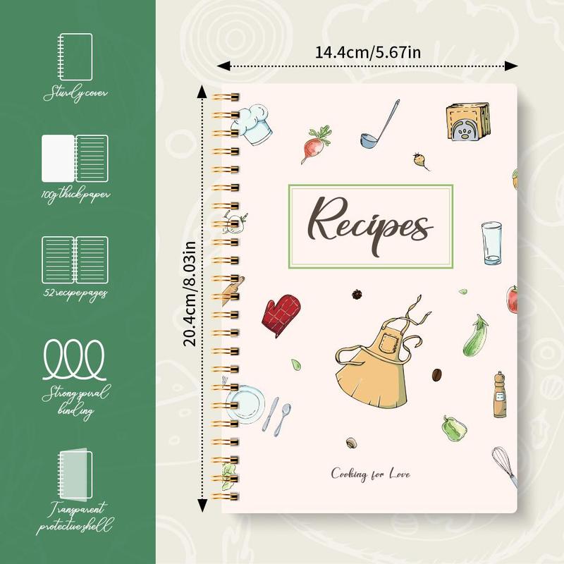 Product Introduction of A5 Blank Recipe Book, 1/4 Counts Spiral Bound Recipe Book with Simple Pages for Adults to Record and Organize Personal Recipes, Durable Plastic Cover, with St Labels 1