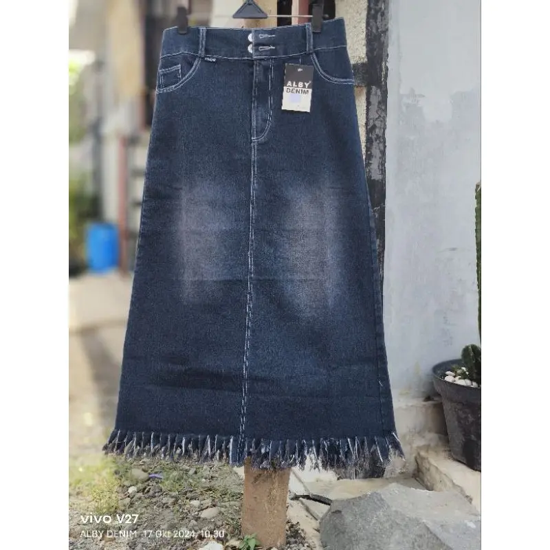 ALYA - Denim Skirt Rok Jeans S05 Vintage Midi Skirt Jeans Rawis A-line Kancing 2 Rok Jeans Wanita Korea Style Rok Jeans Highwaist Rumbai 7