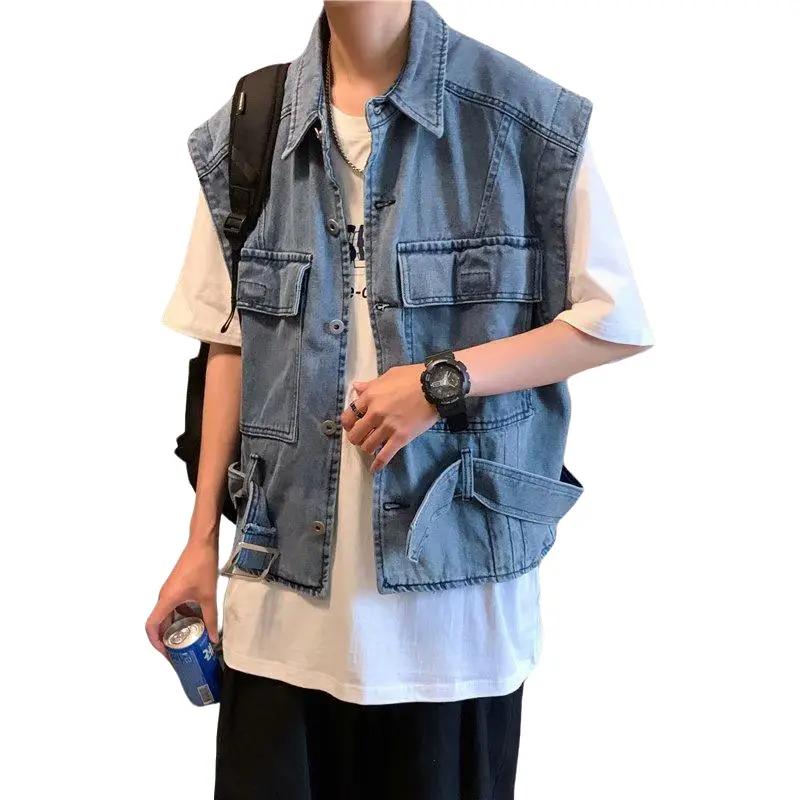  Áo khoác bò gi lê dáng crop nam nữ màu đen xám và xanh 8867 Menswear Có Cổ Có Túi Có Cổ 