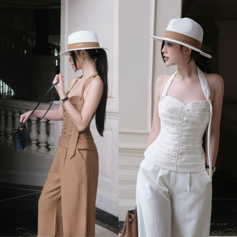 Set đồ nữ áo quây yếm cúp ngực xếp ly tôn dáng phối quần ống suông chất dũi thông thoáng Hb.closet S211 Women Voi Trắng