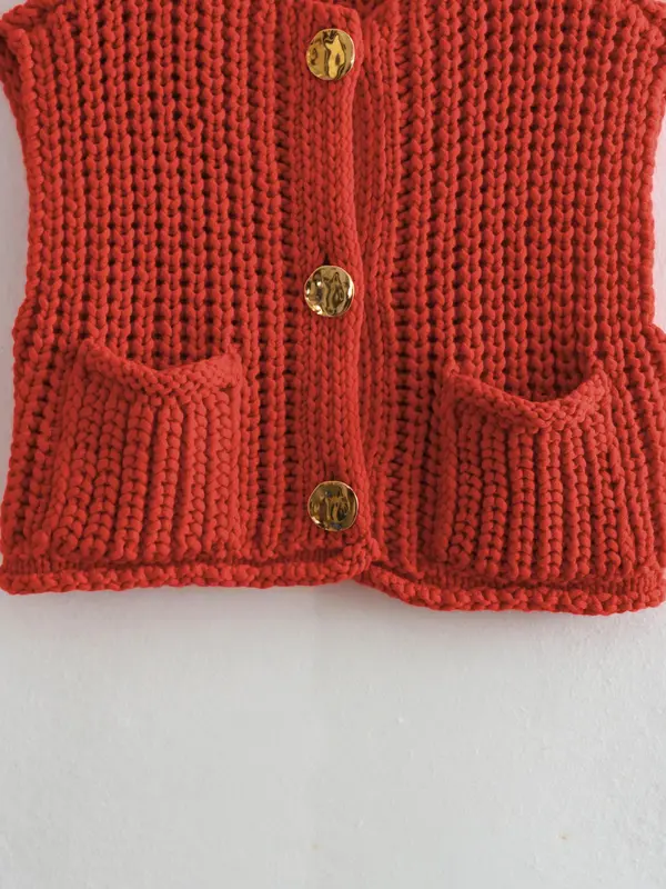 【Plus Size】 Solid Button Front Pocket V Neck Sweater Cardigan, Casual Sleeveless Knitwear for Spring & Fall, Women's Plus Clothing for Daily Wear 7