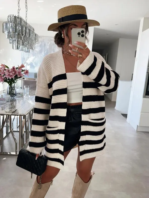 Women's Striped Print Drop Shoulder Pocket Sweater Cardigan, Casual Long Sleeve  Knitwear for Fall & Winter, Fashion Women's Knit Clothing for Daily Wear 0