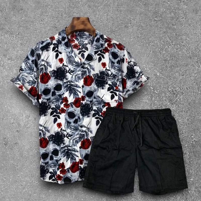 Setelan Baju Kemeja Vintage Dan Boardshort atasan celana Hitam Katun Pendek  Pria  Motif  Keren  Casual  Oversize Panjang Santai Polos 3
