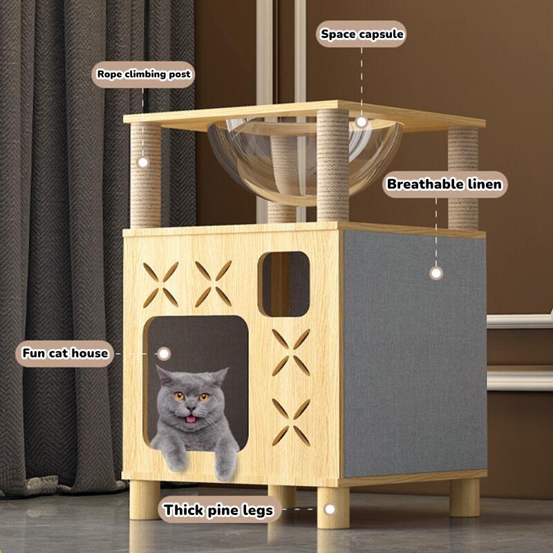 【SG Local Seller】2-in-1Modern Real Solid Wood Cat Tree, Luxury Wooden Cat Tower Cat Condo for Indoor Cats 61cm with Enclosed Sleeping Area,Loop linen fabric 2