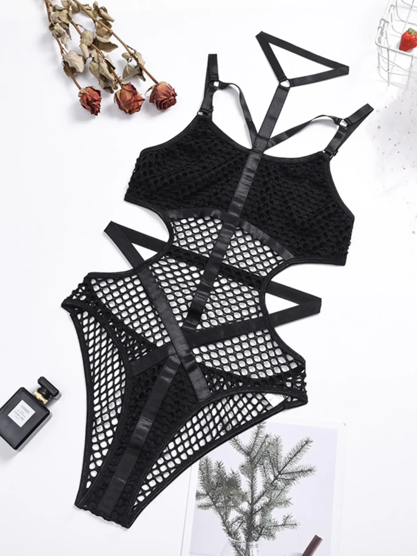 Women's Criss Cross Cut Out Halter Shapewear Bodysuit, Solid Color Hollow Out Mesh Elasticated Waistband Shapewear Bodysuit, Tummy Control Shapewear for Women