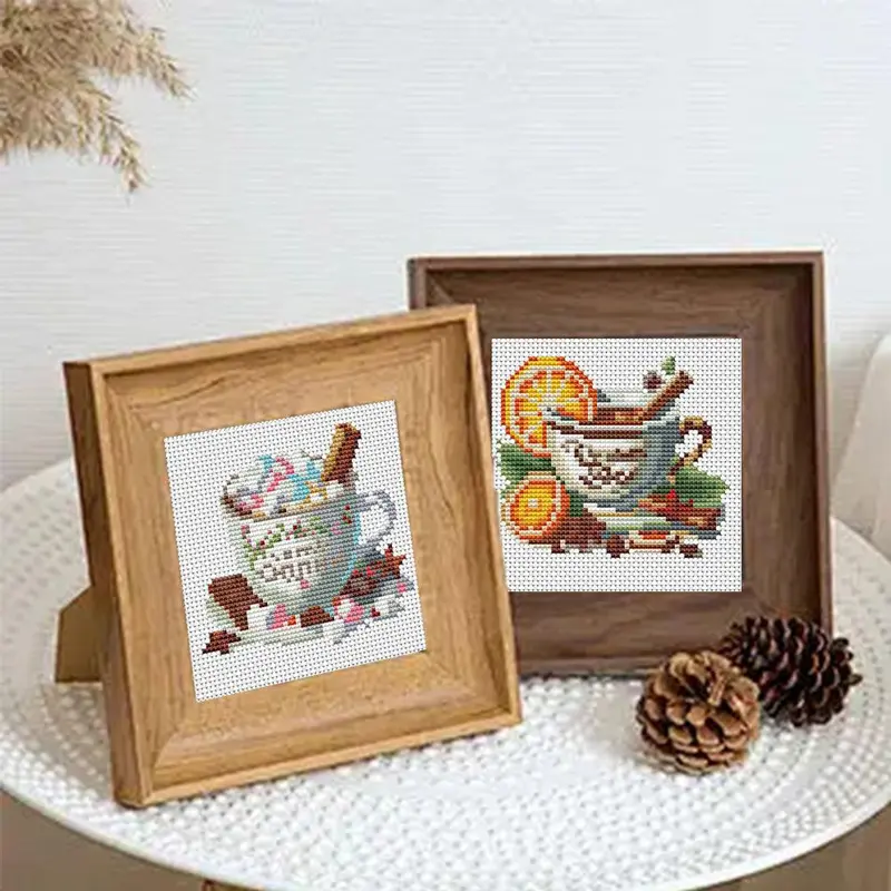 Coffee Cup Pattern Cross Stitch Kit for Beginners, 12pcs/set Cross Stitch Printed Canvas with Tools, Cartoon Needlework Craft for Home Decor 4