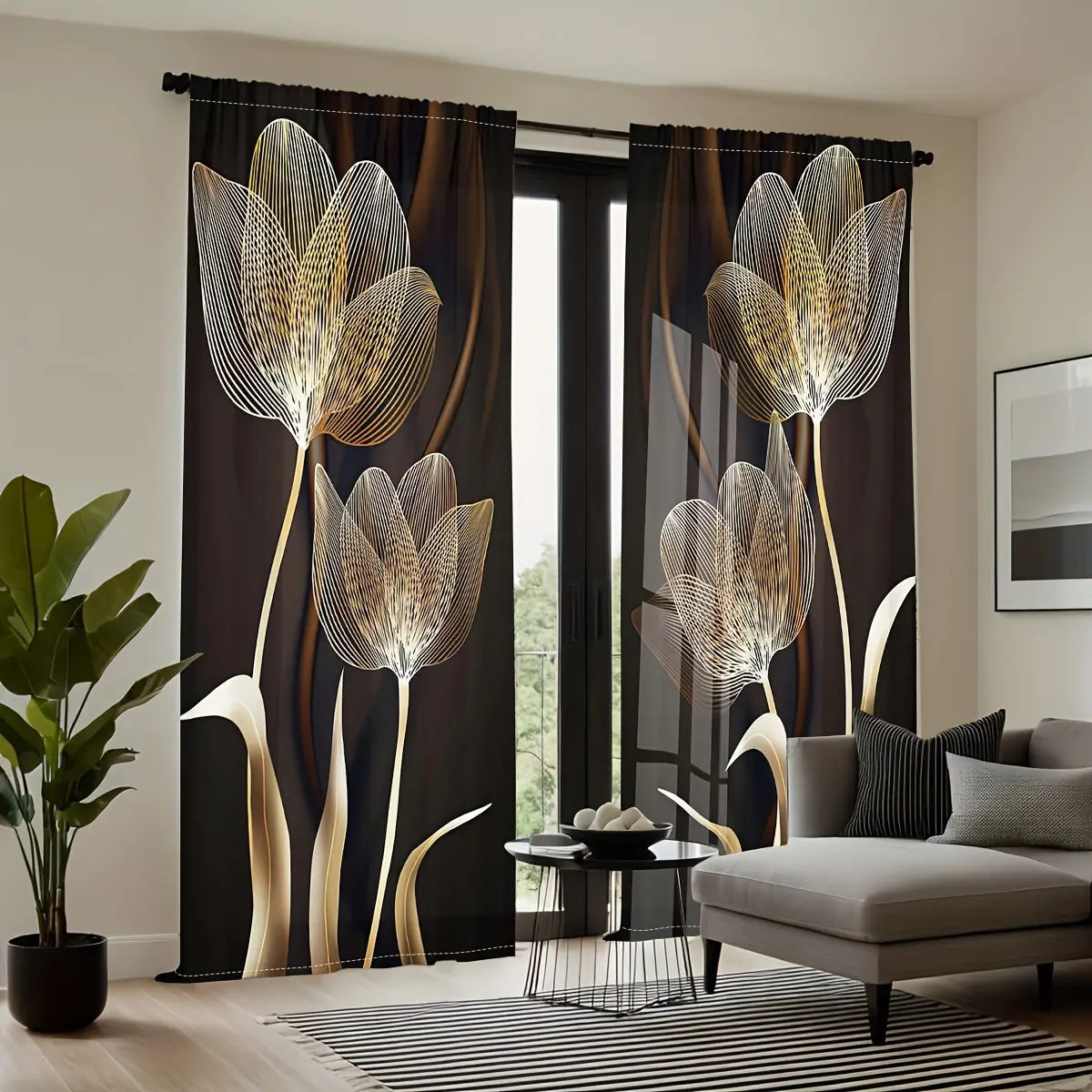 2pcs Contemporary Golden And Black Floral Art Line Curtain Panels, Versatile For Living Room, Bedroom, Kitchen, And Bathroom Decor, Light-Filtering, Rod Pocket Design, Easy Care Polyester - Elegant Home Decor Solution