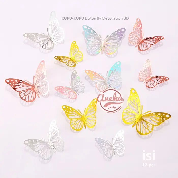 Hiasan Kupu Kupu 3D isi 12 / Hiasan Kupu Kupu Hologram / 3D Butterfly Decoration / Kupu Kupu Metalik