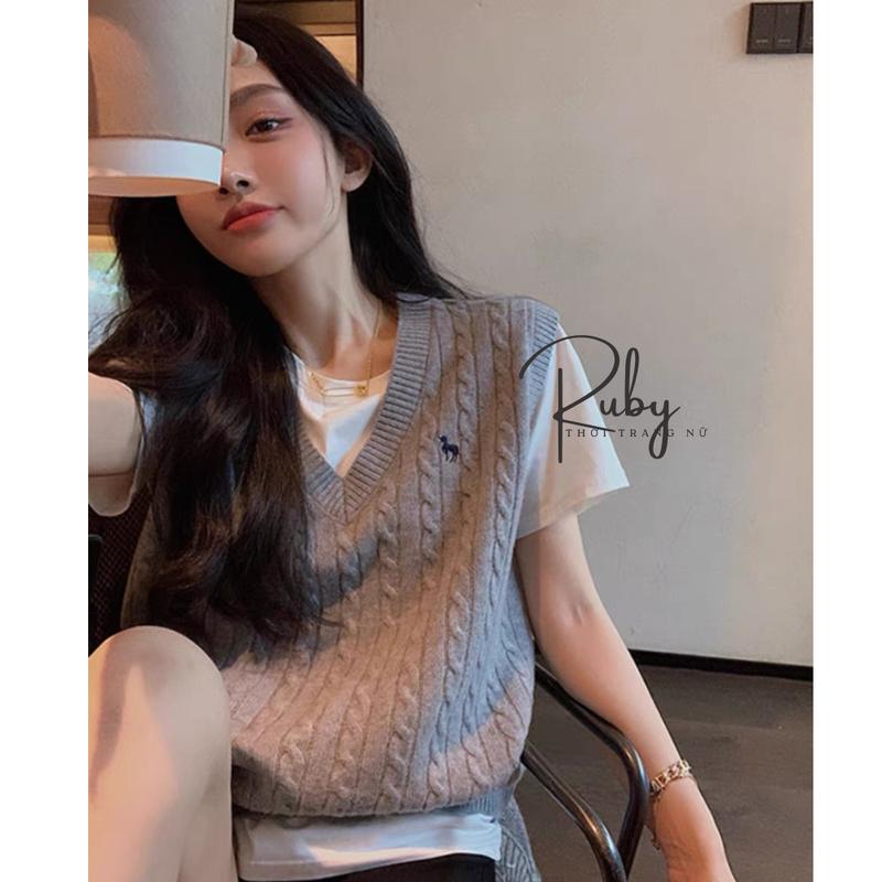 Áo GILE Nữ, áo GILE len unisex thêu ngựa dệt kim xoắn thừng hàng QCCC phong cách VINTAGE màu đen trắng xám be xanh - RB