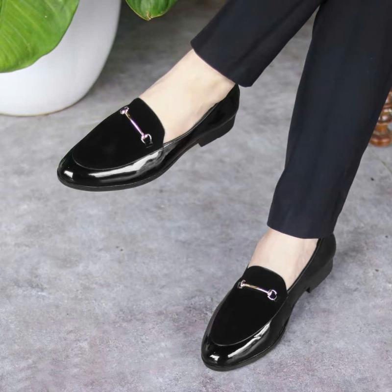 Giày lười nam da bóng phối nỉ nhung H1 - Đen size 38-43. Giày tây nam trẻ trung khuyên mạ vàng Đế khâu may chắc chắn mũi nhọn