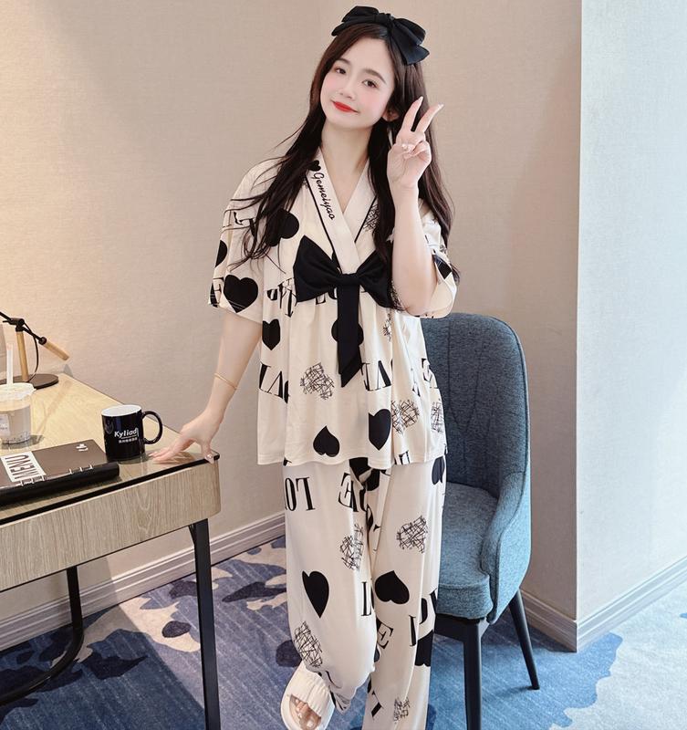 Product Introduction of Women's Pajamas Summer 2023 New Princess Style Three-Piece Bow Short Sleeve Large Size Loose Suitable for Daily Wear Homewear 6