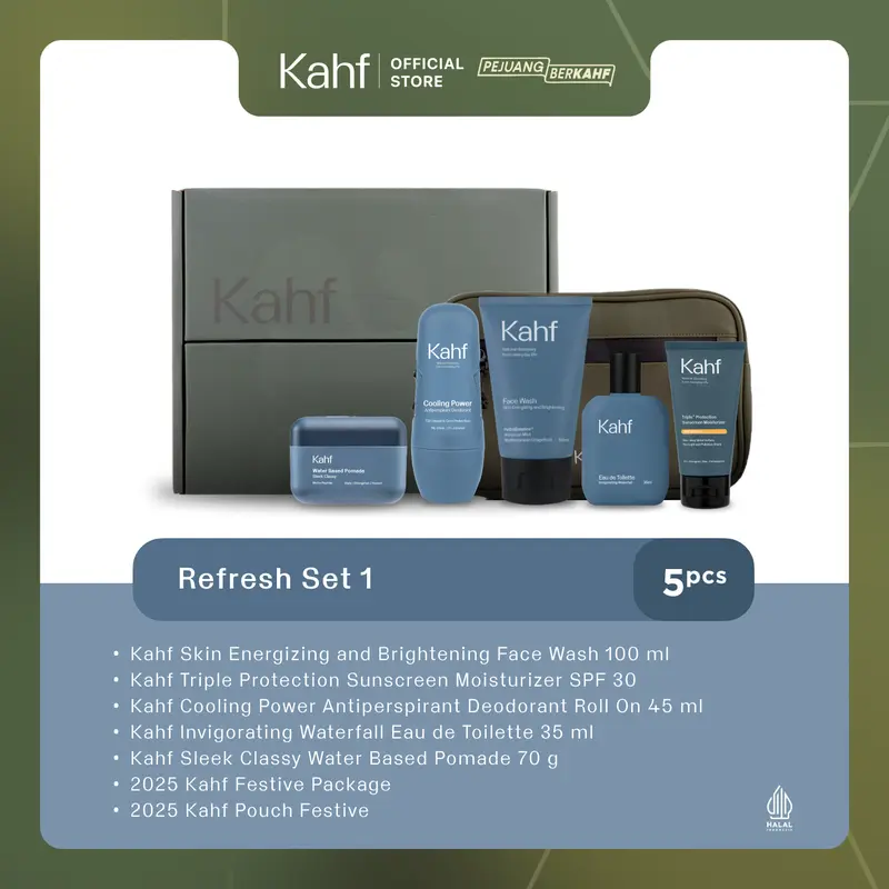 [FREE EXCLUSIVE BOX FOR GIFT] Kahf 5in1 Grooming Men Essential Set 3 (Face Wash, Deodorant, Sunscreen, EDT, Pomade/Hair Powder) - Paket Hampers Hadiah Perawatan dan Skincare Pria 6