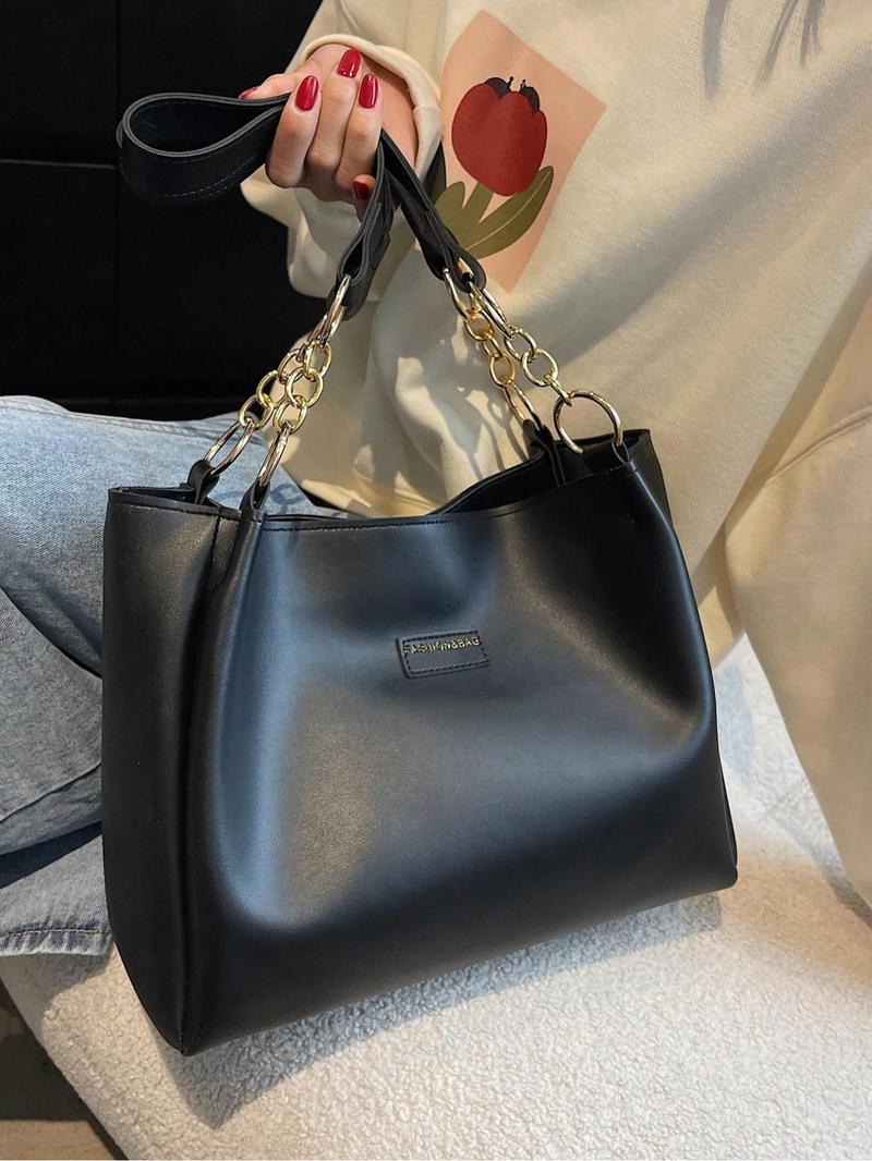Product Introduction of Women's Fashionable Solid Color Tote Bag, Large Capacity Patched Shoulder Bag for Daily Used, Casual Trendy Versatile High-quality Daily Commuting Bag, Girl Fashionable Bag, Gifts for Girlfriend Travel Accessories 2