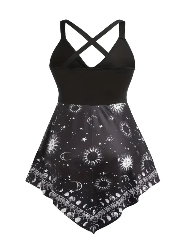 【Plus Size】 Sun & Moon Print Top, Casual Sleeveless Top for Summer, Women's Plus Size Clothing for Daily Wear 1
