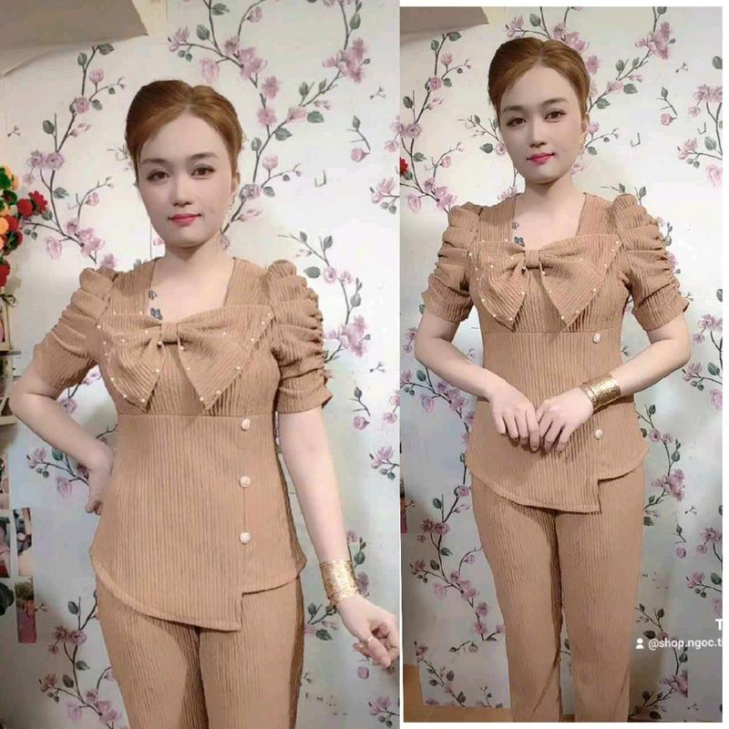 Set bộ quần dài ống ôm phối nơ ở trước áo tay phồng vải thun xốp  Women 5