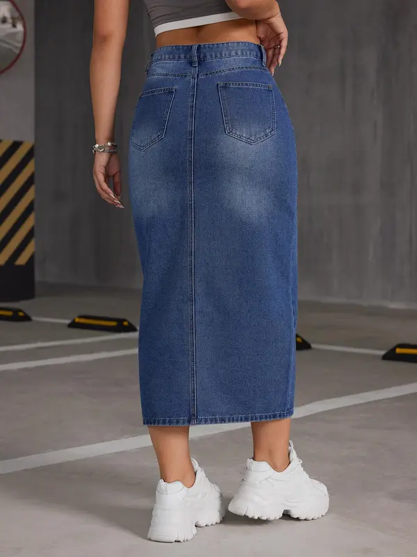 Women's Split Hem Bodycon Denim Skirt, Fashion Casual High Waist Midi Skirt for Daily Outdoor Wear, Ladies Bottoms for Summer 1