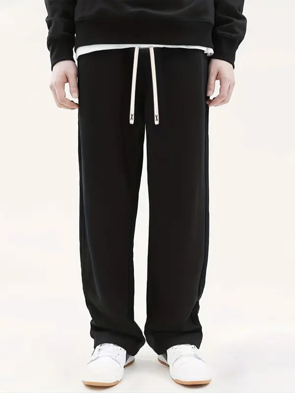 Unisex's Solid Drawstring Waist Pants, Casual Pocket Straight Leg Trousers for Daily Wear, Knitting Bottoms for All Seasons 2