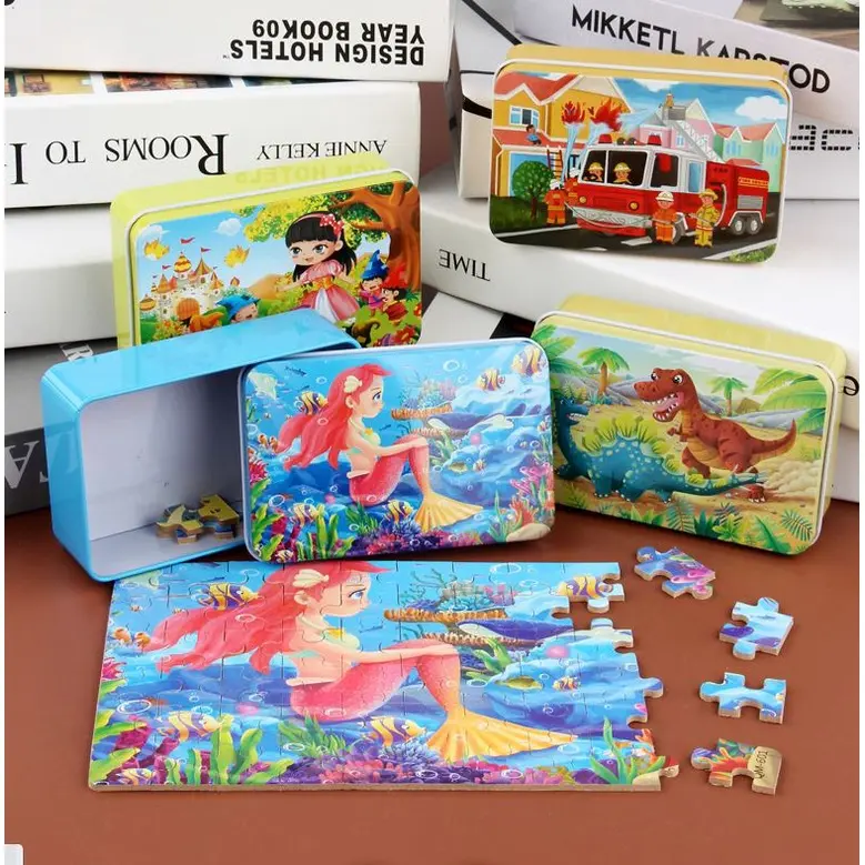 60pcs Wooden Cartoon Puzzle Kids Learning Jigsaw Puzzle Metal Box Early ...