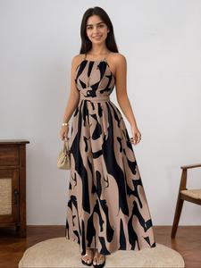 Vestido largo elegante de verano para mujer, con tirante de hombro, diseño de nudo con lazo en la cintura, estampado irregular de bloque de color, corte A, perfecto para varias ocasiones