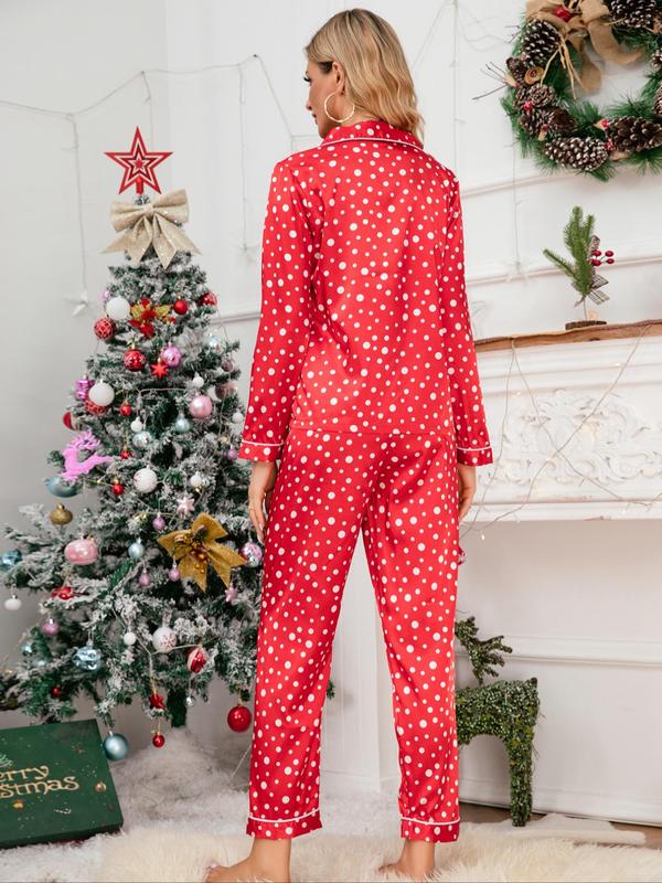 Women's Heart Print Satin Loungewear Set, Casual Lapel Button Front Shirt & Trousers Pajama Set, Valentine's Day Gift, Women's Sleepwear, Womenswear, Winter Co Ord Sets Valentine's Day, Two Piece Set Women 6