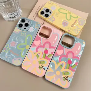 Case HP Untuk IPhone 15 13 16 11 14 12 Pro Max 15 16 14 Plus 13 15 16 12 14 Pro Fashion Kartun Lucu Bunga Warna-warni dengan Teks Gelombang Ruffle Air Mengkilap Soft Cover