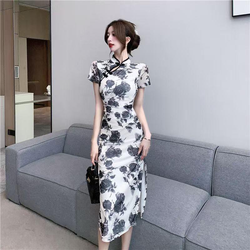 Product Introduction of Váy Cao Trên Đầu Gối, Phong Cách Trung Quốc Mùa Hè, Dáng Ôm, Xẻ Tà Thanh Lịch, Sườn Xám Sửa Đổi, Thường Ngày, Thanh Lịch Và Thời Trang 11