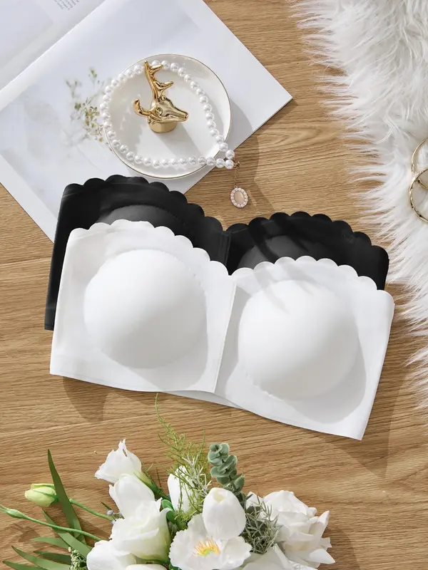 Women's Solid Scallop Trim Hook & Eye Front Wireless Bandeau Bra, Comfortable Breathable Seamless Strapless Bralette Lingerie for Daily Wear, Lingerie Top for All Seasons, Bras for Women 3