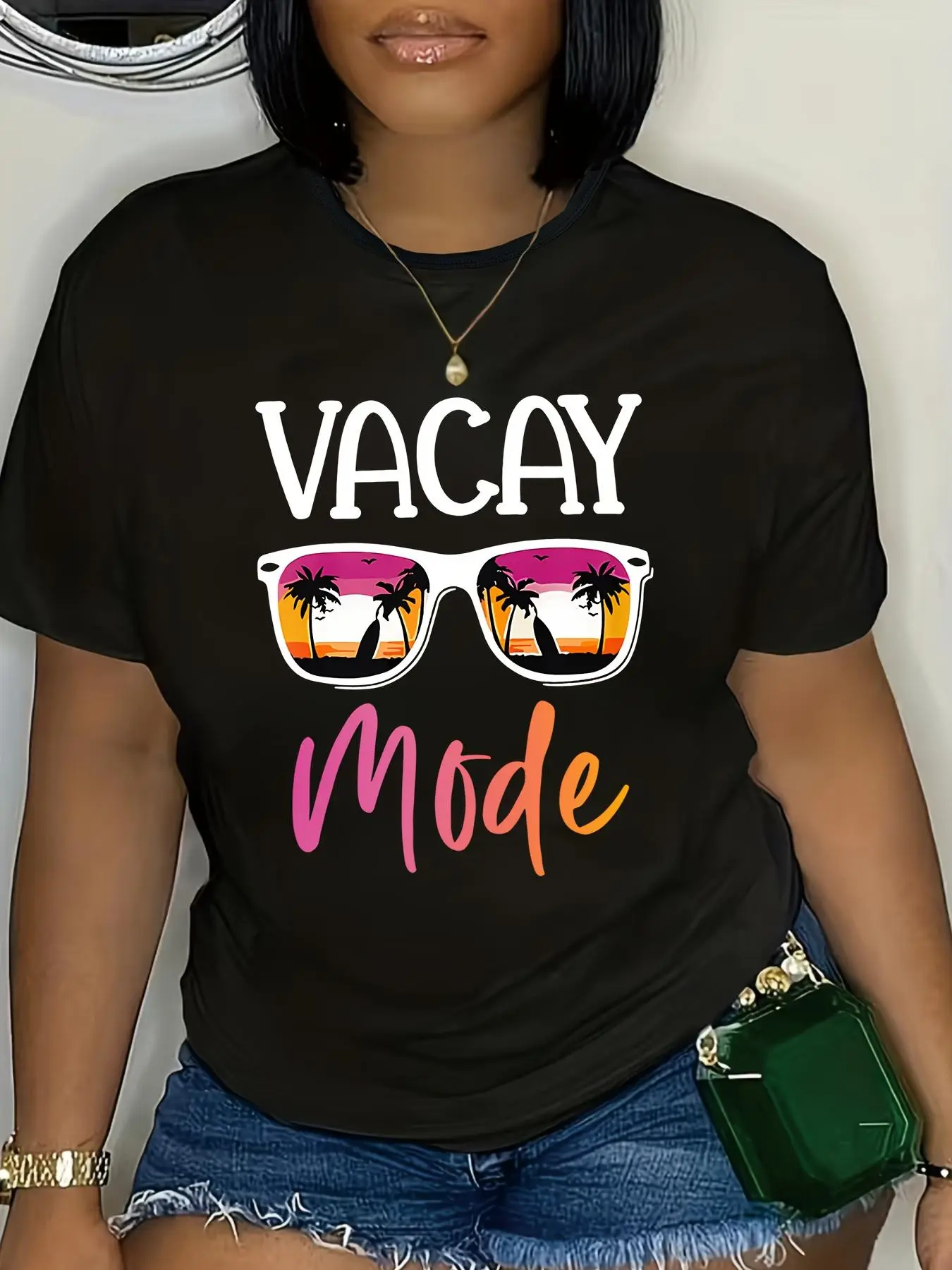Women's Plus Size "Vacay Mode" Letter & Landscape & Sunglasses Print Round Neck Tee, Casual Short Sleeve T-shirt for Daily Wear, Ladies Clothes for All Seasons