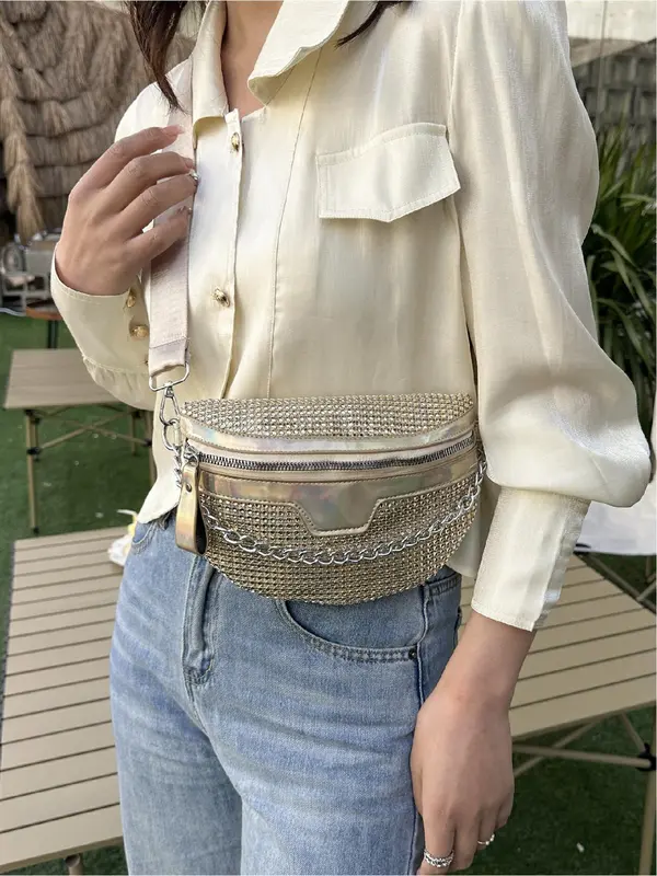 Fashion Rhinestone Decorated Fanny Pack, Casual Versatile Chain Strap Chest Bag for Women, Simple All-match Sling Bag for Daily Life 1