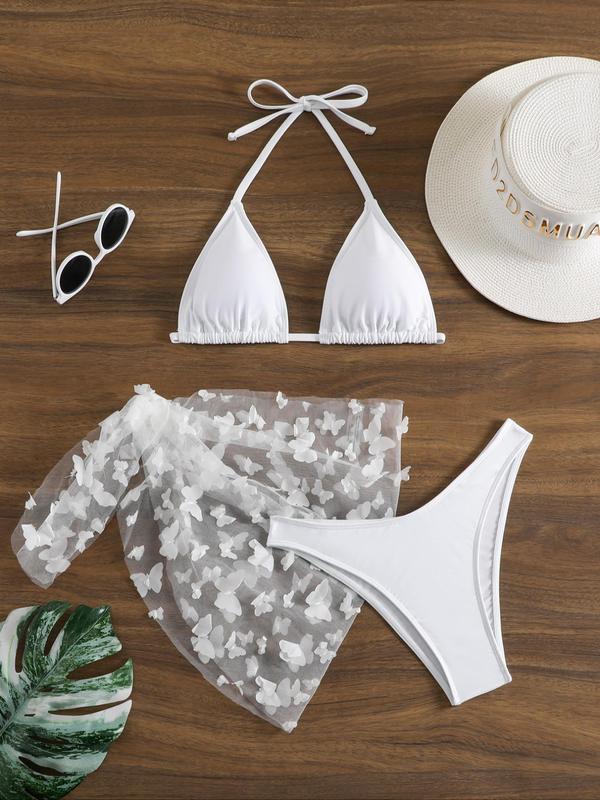 Women's Butterfly Appliques Sheer Bikinis for Summer, Swimsuit Sets, Bathing Suits 2024 for Women Summer, Halter Triangle Swim Bra & High Cut Swim Panty & Knot Side Cover Up Skirt, Summer Tummy Control Swimwear for Beach Holiday 0