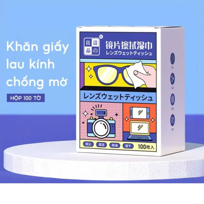 [Mẫu Mới] Hộp 100 Khăn lau kính nano chống bám hơi nước, Giấy lau kính mắt,máy ảnh chống sương mù mồ hôi tiện lợi Cao Su Giày khan lau 0