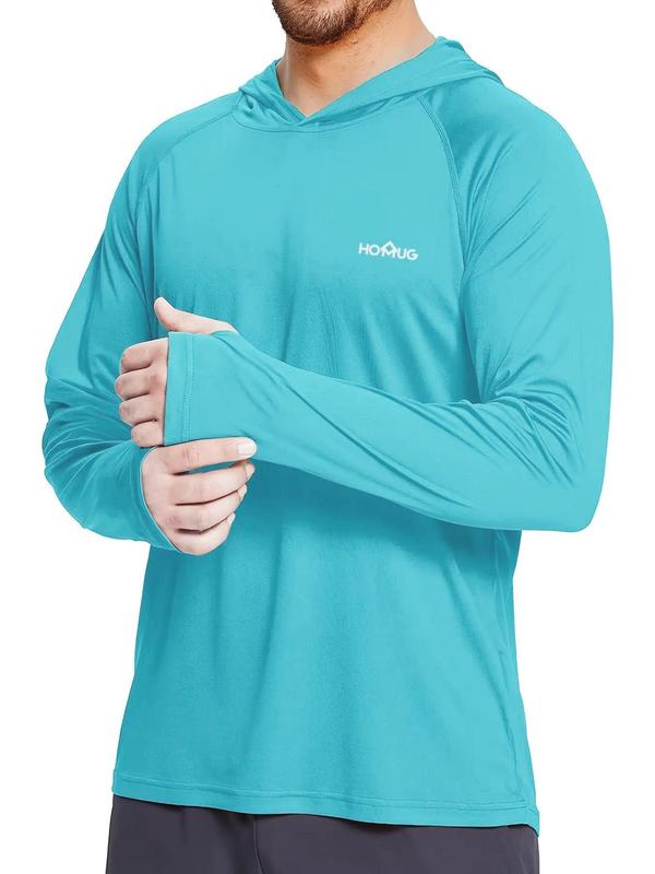 Men's Loose Letter Print Long Sleeve Hooded Rashguard, Quick Dry Lightweight Sun Protection Thumb Holes Top for Outdoor Activities, Men's Sport & Outdoor Clothing for Fall & Winter, Gym Tops 8