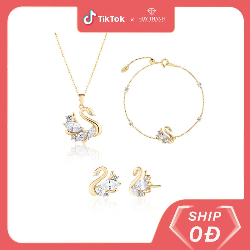 HuyThanhJewelry PTB353 Bộ Trang Sức Vàng 14k Họa Tiết Thiên Nga Gắn ĐÁ Cz 0