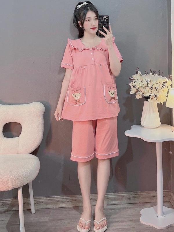 Bộ bầu - bộ sau sinh mặc nhà - ( Lửng - Túi Thêu Đầu Gấu ) - chất liệu Thun Cotton Mềm mát 4