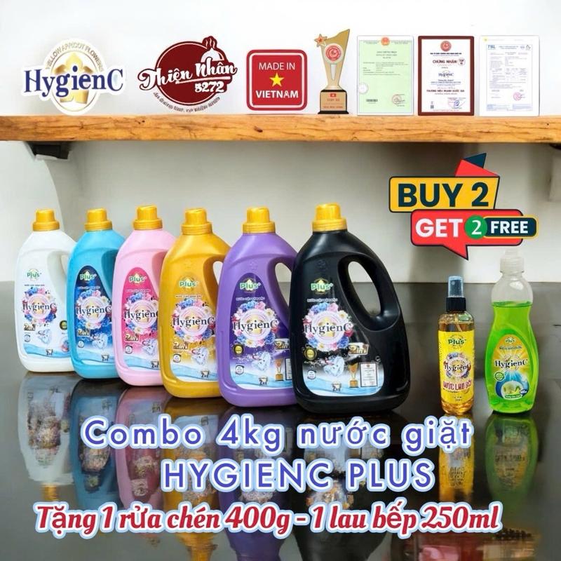 Combo 4kg Nước Giặt Xả HygienC Plus+ Việt Nam 2in1 Can 2kg/ Can - [ Tặng Kèm 1 Chai Nước Rửa Chén HygienC 400gr & 1 Xịt Lau Bếp Đa Năng ]