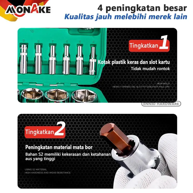 MONAKE Kunci Sok Set 61/82/94 pcs Set (COD) Lengkap Kunci Mata Sok 1/2'' and 1/4'' inch Set Potong Kunci Pas Alat Set Cincin 24 gigi Wrench Rachet alat perkakas lengkap motor Rachet Handle 1