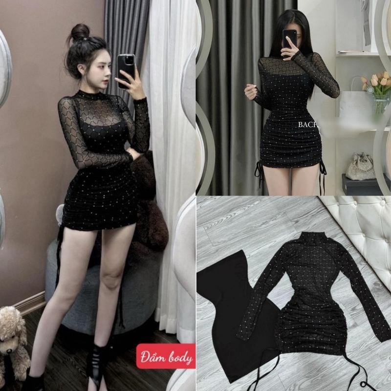 [Dưới 53kg] Đầm body nữ 2 món rút dây sườn có Mút phối lưới đính đá bling bling sexy tôn dáng siêu xᶖnh