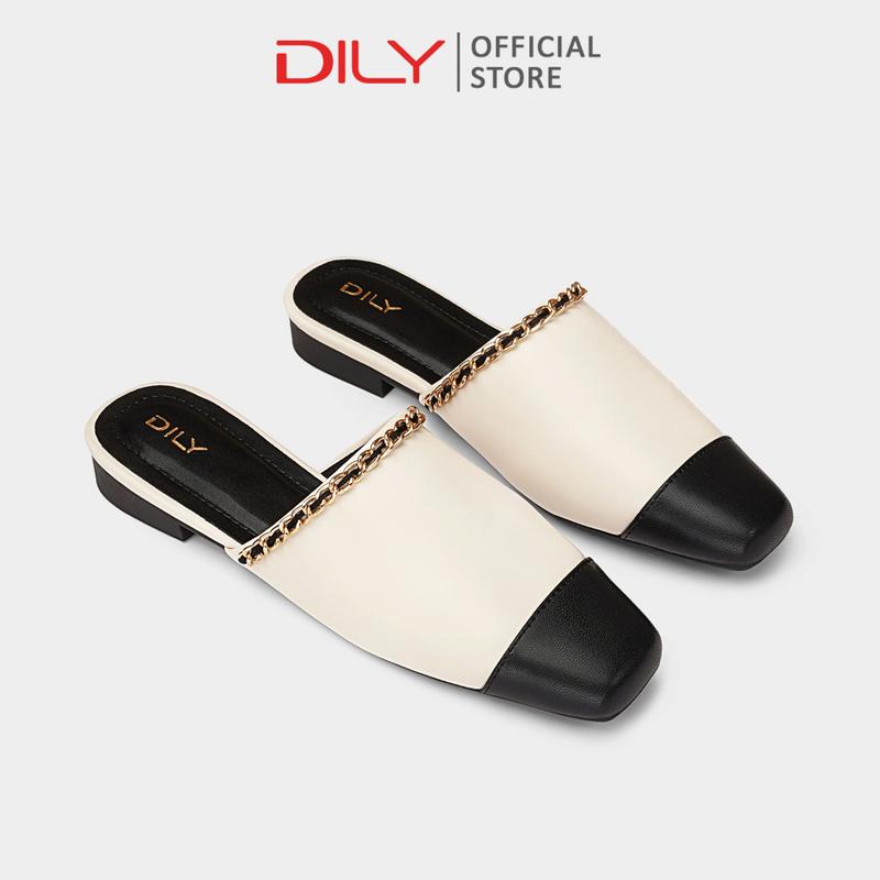  Dép sục nữ DILY thiết kế phối màu hot trend mũi vuông gắn xích sang trọng cao 1.5cm AA0483 