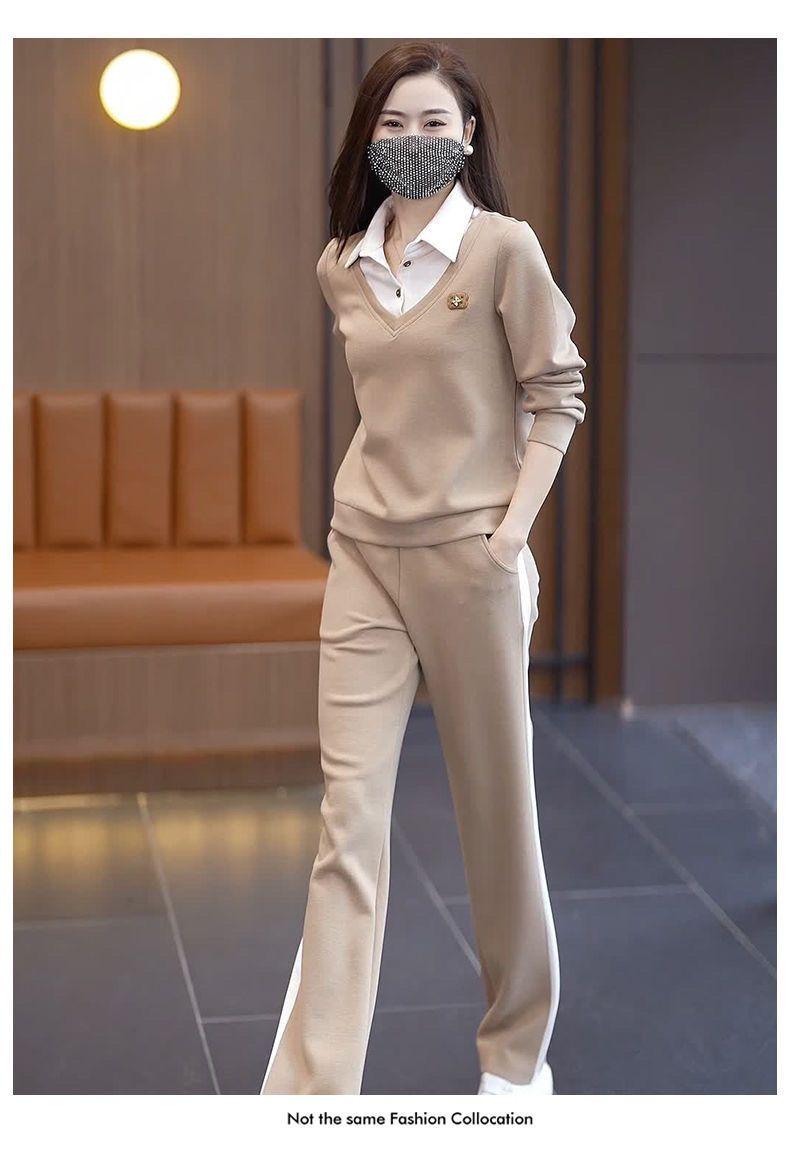 Product Introduction of Bộ Đồ Quần Áo Thể Thao Thường Ngày Cho Nữ, Bộ Sưu Tập Mùa Xuân Và Mùa Thu, Thời Trang Mới, Thích Hợp Cho Mẹ Trẻ, Áo Sơ Mi Chắp Vá, Cổ Áo, Áo Len Mỏng, Bộ Hai Mảnh 19