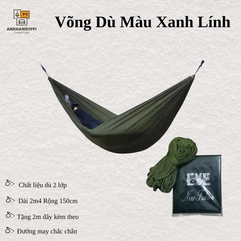Võng nằm vải dù 2 lớp màu xanh lính may dày dặn và chắc chắn ( tặng kèm 2m dây loại )