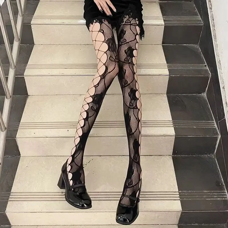 Hot Girl Rose Jacquard Side Hollow Fishnet Socks Sexy Suspenders Women's JK Retro Patchwork Lace-up Pantyhose